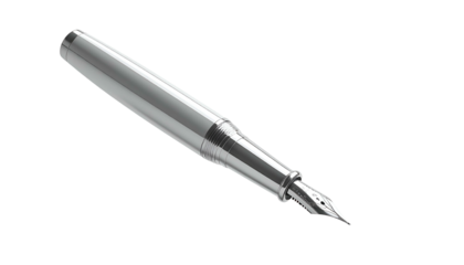 Gleaming, silver fountain pen angled on a black backdrop