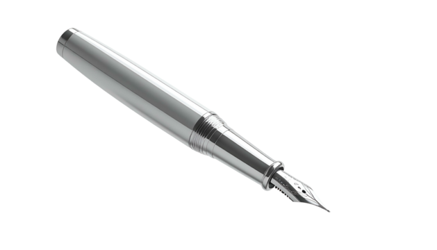 Gleaming, silver fountain pen angled on a black backdrop - Powered by Adobe