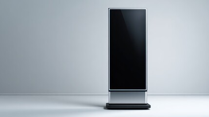 Standalone vertical LCD display on a metal floor stand with empty screen