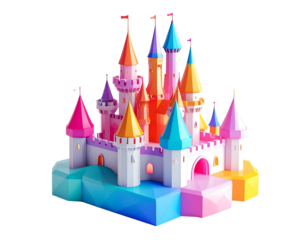A colorful fairy-tale castle with many turrets and flags