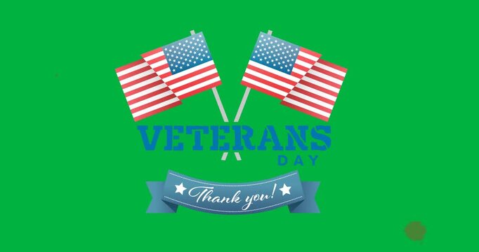 Two american flags and veterans day text banner against paint splashes on black background