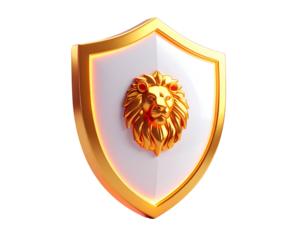 Ornate shield with golden lion head, white center, gold trim on black