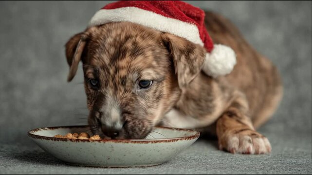 Festive american bully puppy wearing a santa hat and eating kibble from a bowl on grey background