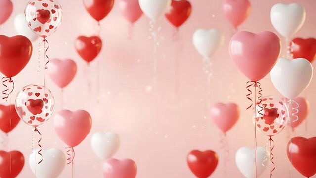 Beautiful heart shaped balloons floating in air on pink background