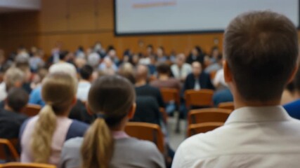 Attendees' rear view captures their focus on a speaker during a professional business conference or educational seminar in a spacious, blurred auditorium - Powered by Adobe