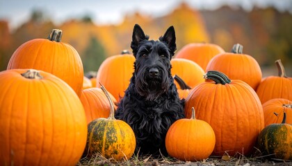 Scottish Terrier Dog Posing in a Pumpkin Patch.