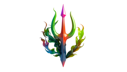3D colorful trident emblem with floral elements, black background