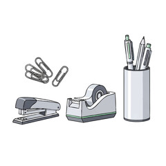 Cartoon illustration of office supplies including a stapler, paper clips, tape dispenser, and pen holder with writing utensils on a clean white background.