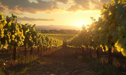 Scenic vineyard at dusk with rows of grapevines stretching towards the horizon, golden hour light casting warm tones and a serene ambiance, perfect for wine lovers,