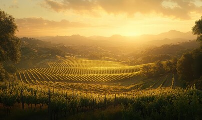 Scenic vineyard stretching across rolling hills at sunrise, soft golden light creating a serene and pastoral view,
