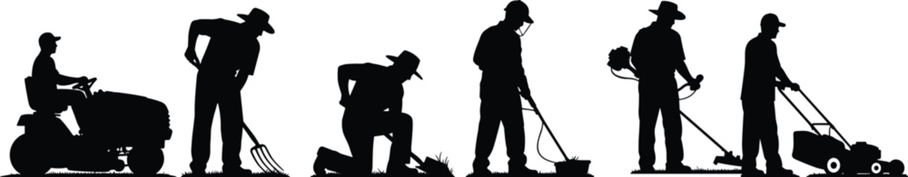 Set of Black Silhouettes Representing Professional Gardeners and Landscapers Using Mowers Trimmers and Tools for Yard Maintenance and Lawn Care Services