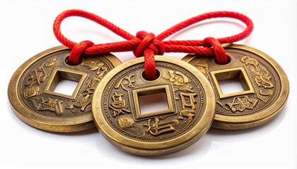 Traditional Chinese money, ancient Chinese coins with square holes, red string tied together, gold and bronze texture, highly detailed engraving, realistic lighting and soft shadows, isolated on pure 