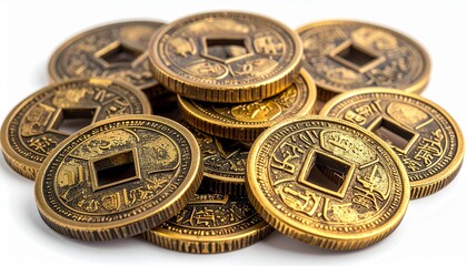 Ancient Chinese coins scattered, round coins with square holes, detailed Chinese patterns, metallic gold texture, clean studio lighting, isolated on white background, commercial stock photography styl