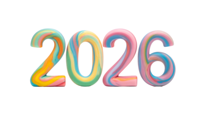 Colorful swirled numerals forming "2026" on a black background