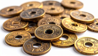 Ancient Chinese coins scattered, round coins with square holes, detailed Chinese patterns, metallic gold texture, clean studio lighting, isolated on white background, commercial stock photography styl