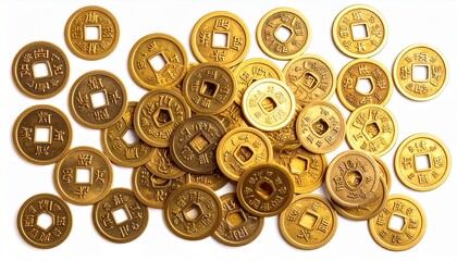 Ancient Chinese coins scattered, round coins with square holes, detailed Chinese patterns, metallic gold texture, clean studio lighting, isolated on white background, commercial stock photography styl