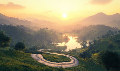 Serene countryside road winding through vibrant green hills during sunrise, soft warm light, peaceful and tranquil atmosphere, detailed landscape view, sharp focus,