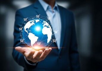 Person holding a glowing globe with shopping carts in a dark background