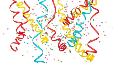 Colorful Party Streamers and Confetti Falling on White Background celebration ribbons