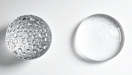 Two clear glass orbs with droplet patterns on white