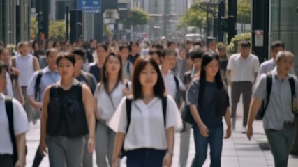 A diverse group of people walking in a bustling city street during the daytime