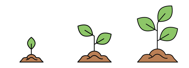 Flat plant growth stages illustration showing seedling to young plant development in soil, minimal vector style for business growth, nature progress concept