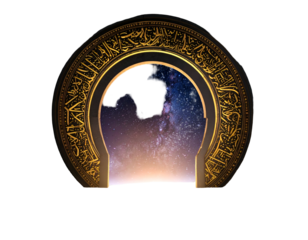 Ornate gold archway frames a view of a colorful starry galaxy