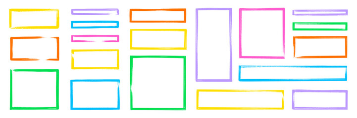 Rectangle photo frame with color brush strokes and rough edges. Color photo rectangle, box border. Hand drawn brush stroke texture stamp shape set with rough edge effect. Vector illustration