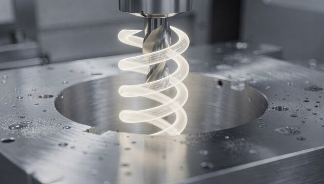 Medium frame showing a clear spiral interpolation path with wide pitch design highlighting smooth entry motion into a predrilled hole during CNC machining.