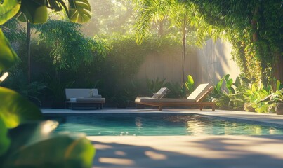 Naklejka na ściany i meble Serene poolside scene with modern lounge chairs and lush greenery, soft afternoon light creating a luxurious and tranquil outdoor space,