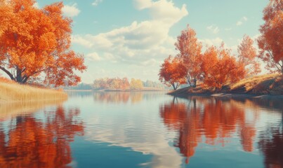 Serene riverside landscape with vibrant orange and red autumn trees reflected in the calm water, creating a peaceful and picturesque view