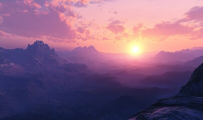 Serene sunset over layered mountain ranges, transitioning from soft pinks to deep purples, creating a peaceful and timeless horizon