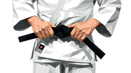 Karate enthusiast tying black belt in geometric style martial arts uniform