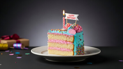 A delightful slice of colorful birthday cake with sprinkles and a "Happy Birthday" candle on a white plate.