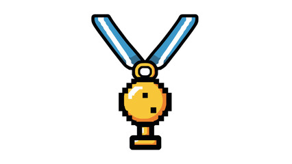Pixel art gold medal with blue ribbon: retro gaming style award icon