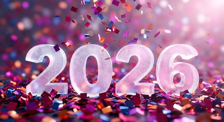 Frosted 2026 numbers on a background of falling colorful confetti and bokeh lights new year celebration