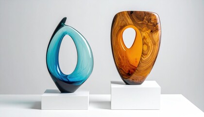 Glass & wood, organic shape sculpture on white podiums