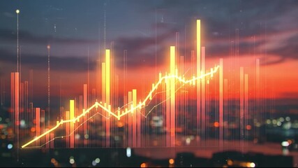 Glowing financial chart rising line orange bar graph city skyline bokeh sunset gradient data visualization abstract light pattern investment trend growth indicator technology interface modern sunset - Powered by Adobe
