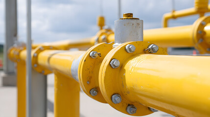 Yellow pipes and fittings near industrial facility under blue sky with clouds