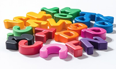 Set of magnetic alphabet letters scattered on a white surface, bright colorful tones, playful educational atmosphere, minimalistic clean style, vibrant and fun composition,