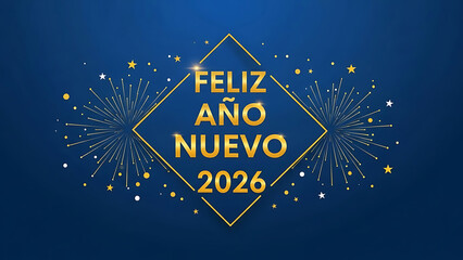 Feliz Ano Nuevo 2026 gold text with fireworks and stars