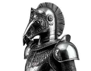 Highly detailed metallic horse-faced knight's armor with feathered crest