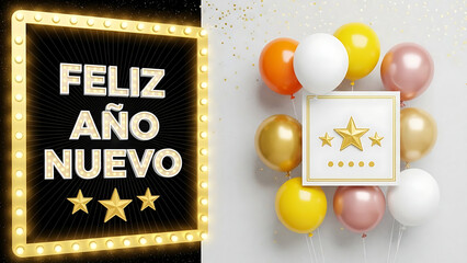 Feliz Ano Nuevo illuminated sign with balloons and stars
