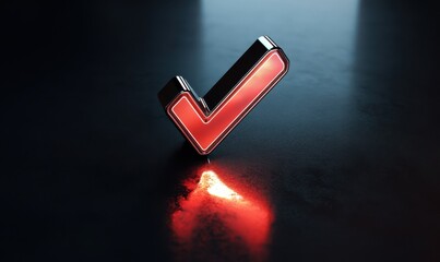 Shiny red metallic checkmark icon resting on a reflective black surface, bright glowing light, clean minimalist composition, sharp edges and smooth texture, tech interface concept,