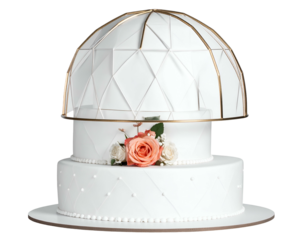 Multi-tiered wedding cake with geometric dome and floral accents