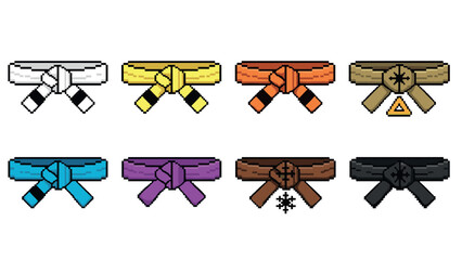Pixel art martial arts belts set with symbols in bold colors