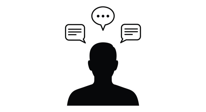 A dark human head silhouette with three speech bubbles above representing communication and thought