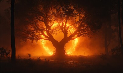 Silhouetted tree in the center of a glowing circular portal, fiery orange hues spilling onto the forest floor, soft mist creating depth and contrast,