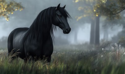 Sleek black horse standing against a misty field, its mane flowing in the wind, surrounded by a soft, ethereal light