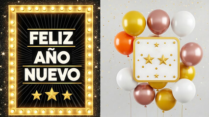 Feliz Ano Nuevo text with marquee lights and balloons